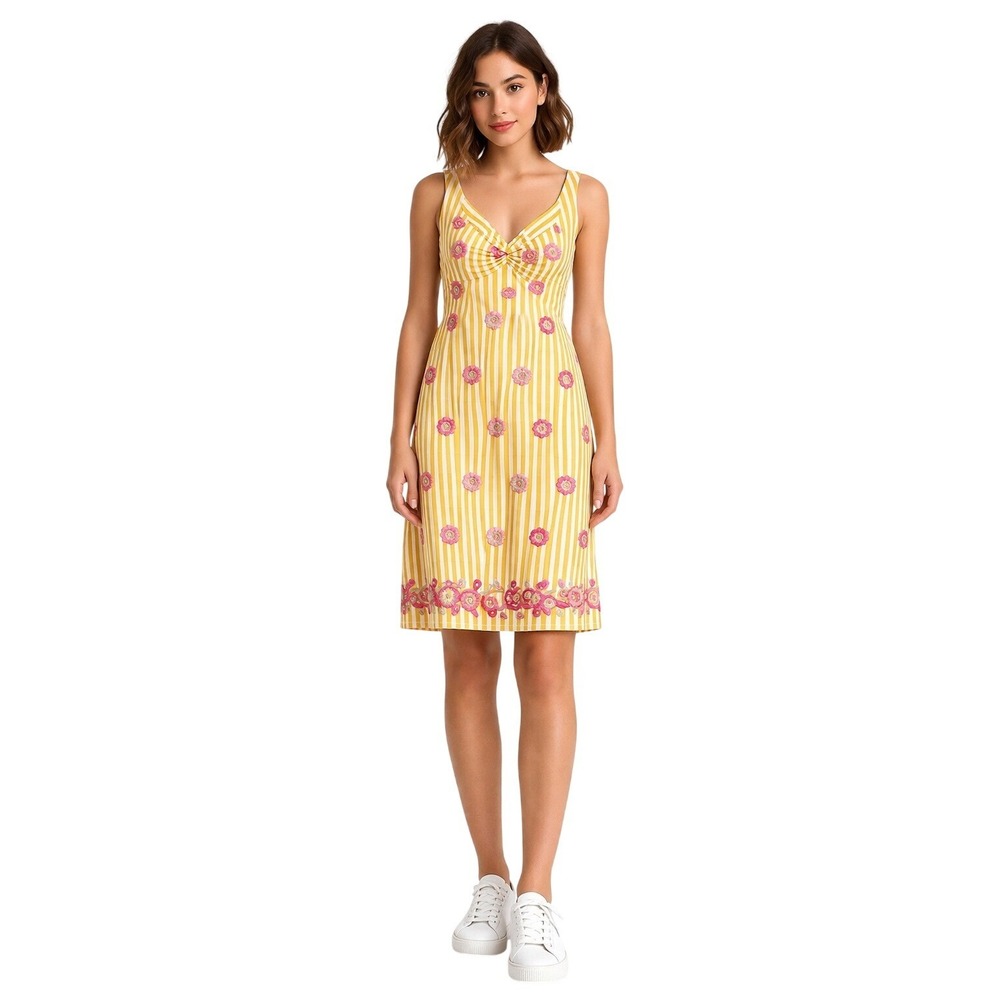 TOCCA Y2K Floral Embroidered Easter Dress Striped Midi Dress Yellow Pink‎ Size 2
